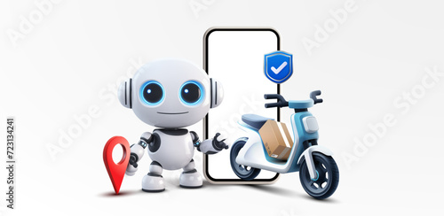 A charming 3D robot character standing next to a delivery scooter with a location pin, symbolizing futuristic delivery services. Online delivery service concept.perfect for landing page. Vector