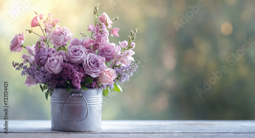 Spring flowers in tin bucket. Bunch of different spring flowers in tin bucket. Rustic colorful background. Free copy space