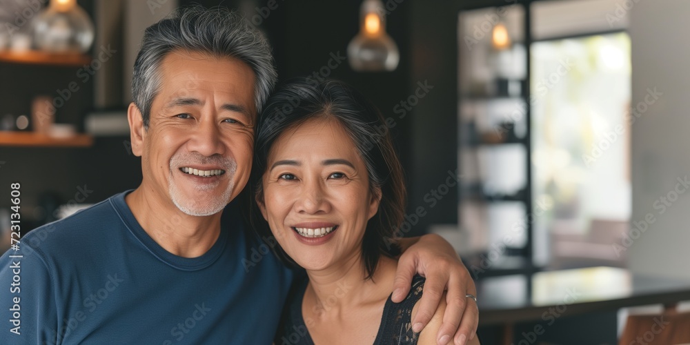 Portrait happy Asian couple smiling at the camera Portrait happy Asian couple smiling at the camera