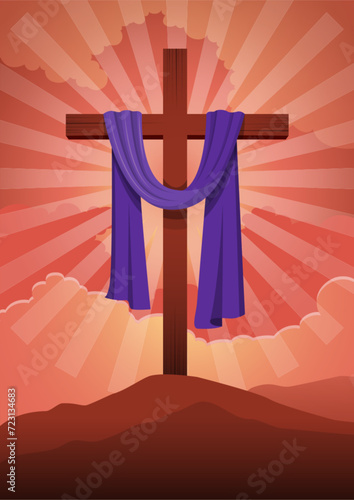 wooden cross with purple sash on clouds background photo