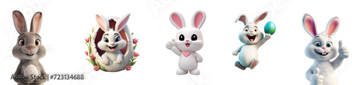 Illustration of Easter Bunny in Different Styles: 3D Render and Animation, Cartoon Rabbit Character, Set, Isolated on Transparent Background, PNG