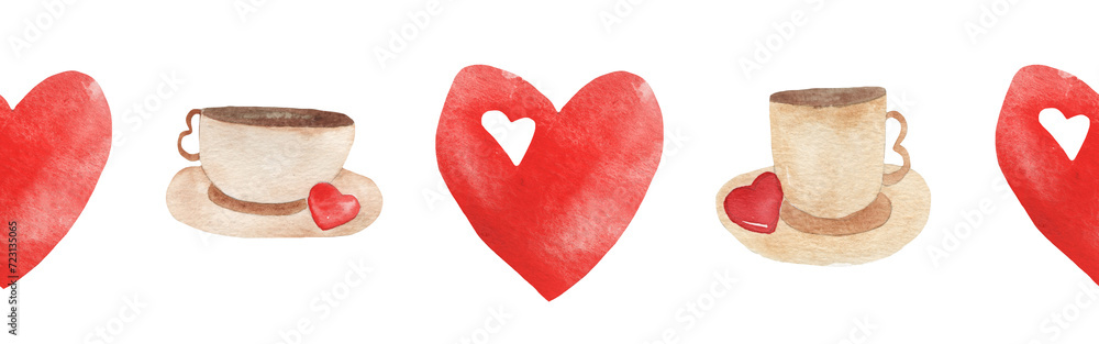Watercolor central border template of heart and cup on white background. Beautiful decorative elements in shape of hearts isolated on white backround.Valentine day