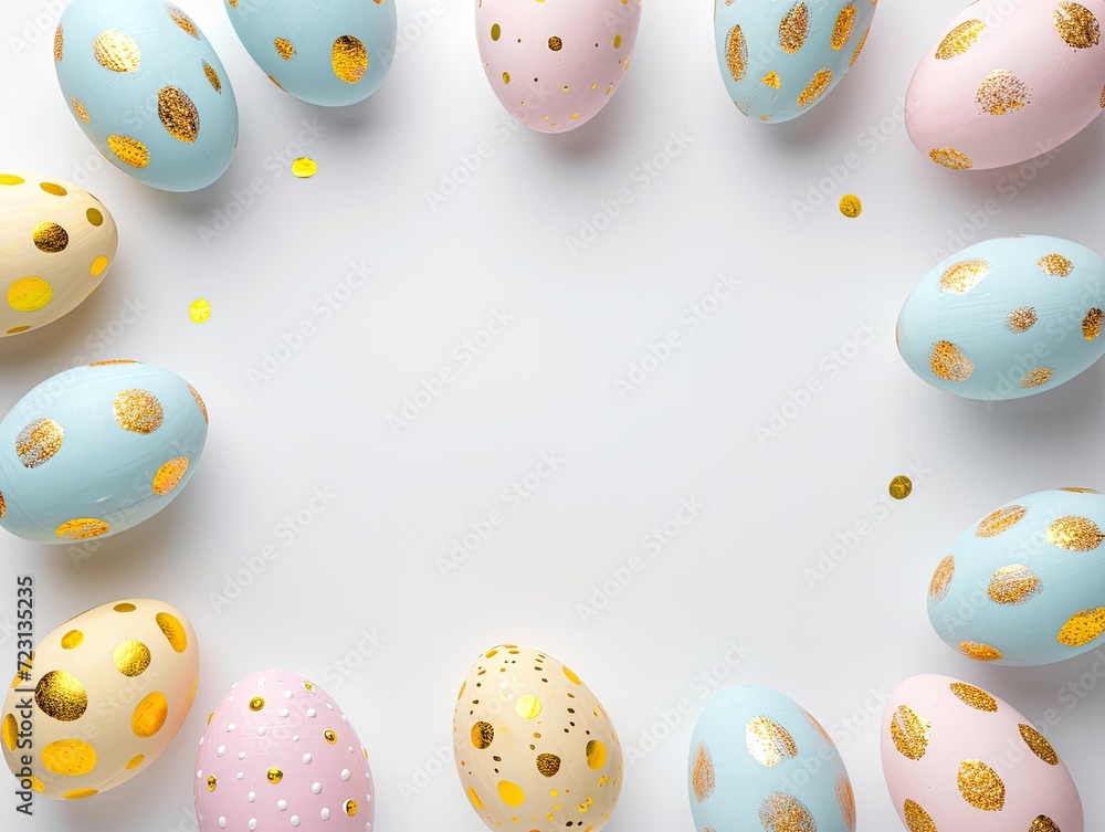 Easter background with eggs frame with copy space for text. Painted eggs in pastel hues with golden dots on a white background. Good for Easter banner, poster, invitation, card