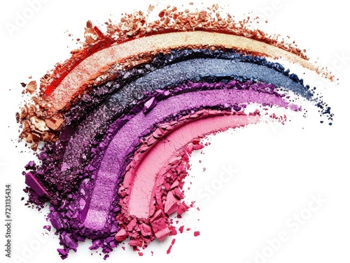 Vibrant crushed eyeshadow palette isolated white background. Eyeshadow swatches in semicircular stripes photo