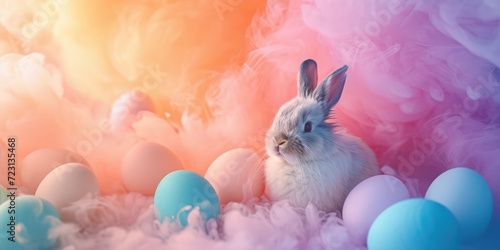 Easter white bunny with pastel eggs in colorful pink clouds. Cute fluffy white rabbit in light pastel colors, fantsy funny background. Copy space for text photo