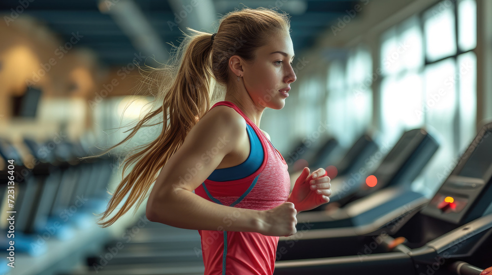 A woman is running on a treadmill, wearing red and blue workout clothes. Generative AI.