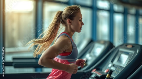 A woman is running on a treadmill, wearing red and blue workout clothes. Generative AI.