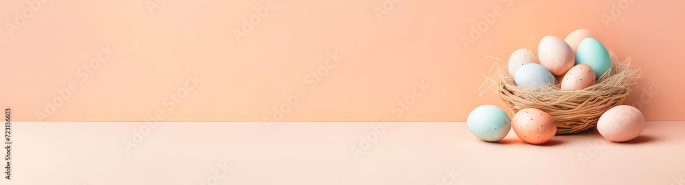 Cute easter eggs banner with copy space in peach fuzz color