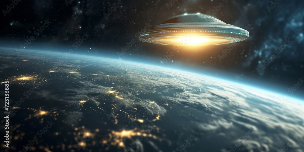 UFO, an alien plate hovered motionless in space against the background of the earth. alien invasion, spacecraft of the humanoids.