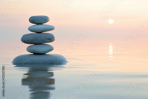 Zen Stones Stacked on Calm Water at Sunset