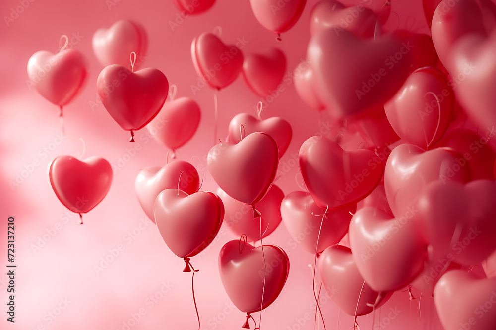 3d background on pink with many heart shaped balloons