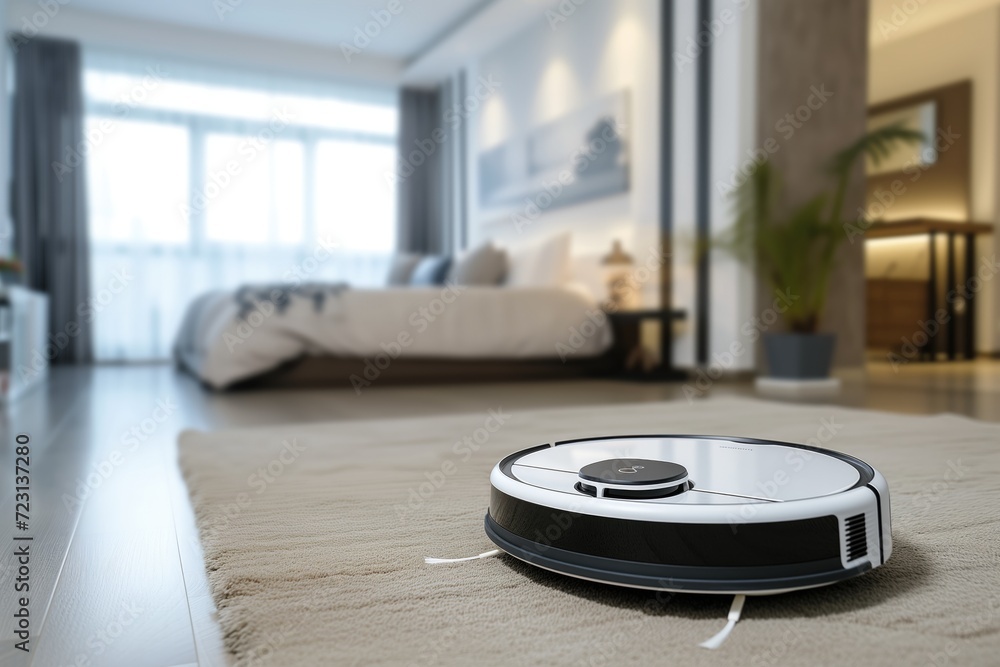 Robotic Vacuum Cleaner on Carpet in Modern Bedroom Robotic Vacuum Cleaner on Carpet in Modern Bedroom