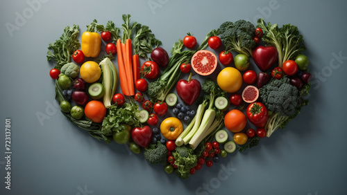 Heart made of Fruits and Vegetables on a Grey-Blue Background. Symbol of Health and Longevity.