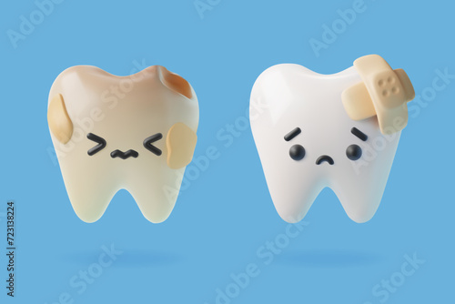 Tooth characters with medical patch or plaster, isolated 3d vector
