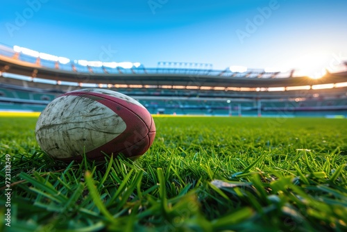 Rugby Ball on Grass in Stadium