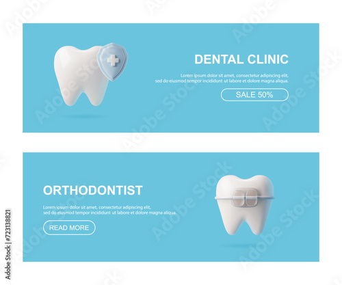 3D healthy teeth with medical shield and dental braces, landing page set for professional orthodontic, dentistry clinic