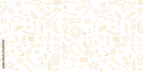 Cartoon hand drawn hippie doodles seamless pattern. Line art detailed, with lots of objects background.