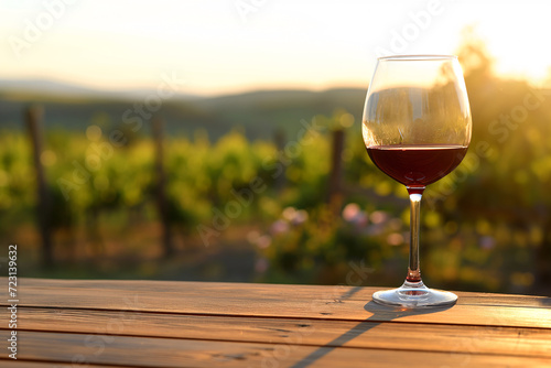 Red wine glass in a vineyard