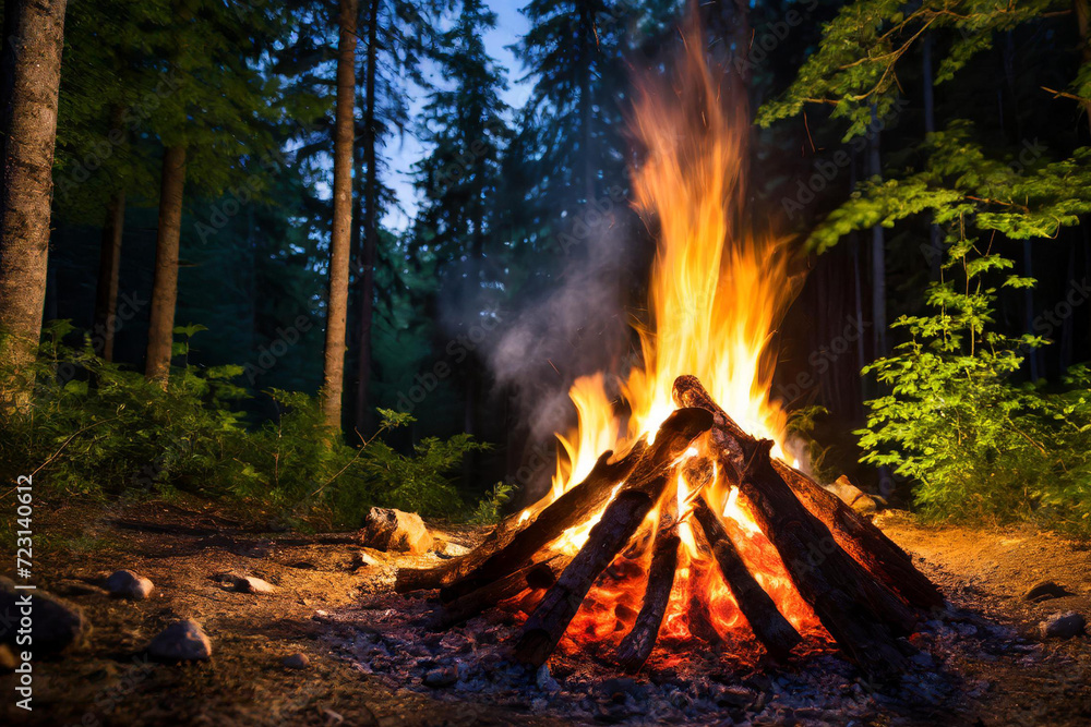 Burning campfire on a dark night in a forest. The bonfire burns in the forest. camp fire in the autumn during vacation in the mountains. Beautiful landscape of nature and trees. Sparks and flames. Burning campfire on a dark night in a forest. The bonfire burns in the forest. camp fire in the autumn during vacation in the mountains. Beautiful landscape of nature and trees. Sparks and flames.