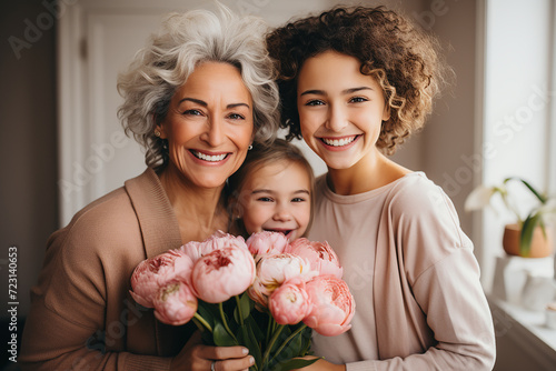 grandmother with granddaughters and a bouquet of tulips in the interior of the apartment, looking at the camera and laughing photo
