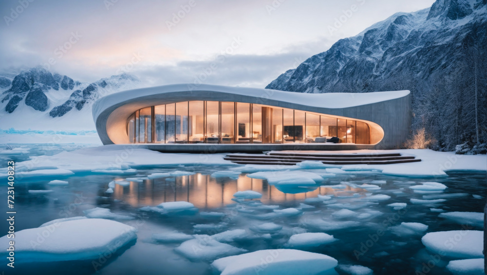 cozy modern house with bionic. Modern museum  snow glacier in Antarctica biophilic. An architectural marvel, nature and man-made structures coexist in perfect harmony, serene and peaceful atmosphere
