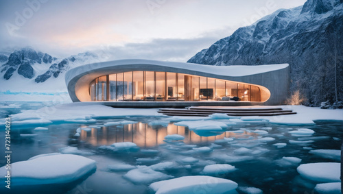 cozy modern house with bionic. Modern museum  snow glacier in Antarctica biophilic. An architectural marvel, nature and man-made structures coexist in perfect harmony, serene and peaceful atmosphere © Roman