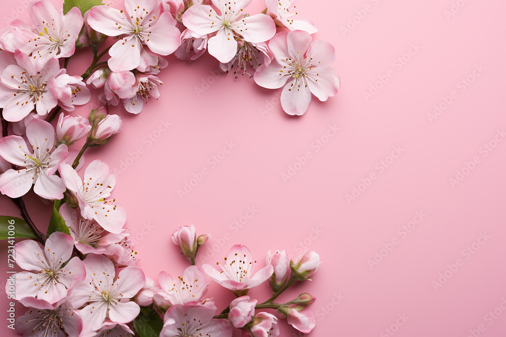 pink and white flowers of a blooming apple tree lie on the left edge on a pink background, a lot of free space pink and white flowers of a blooming apple tree lie on the left edge on a pink background, a lot of free space