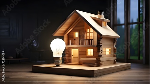 Wooden home with light bulb, energy-related idea or creation