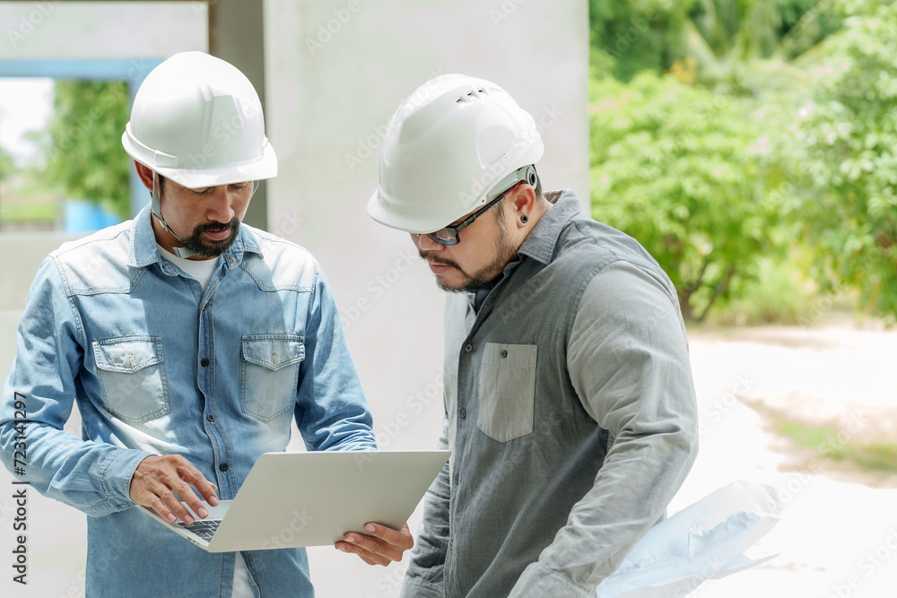Architect designerand worker engineer manager foreman Asian man Standing holding laptop looking problem consulting stressed expression house structure wearing white safety helmet prevent things Architect designerand worker engineer manager foreman Asian man Standing holding laptop looking problem consulting stressed expression house structure wearing white safety helmet prevent things