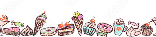 Doodle hand drawn sweet food seamless border, pattern frame. Crayon, pencil pastel chalk like kid`s style dessert cake, donut, cupcake, ice cream, cocktail. Vector funny cartoon flat simple art cafe