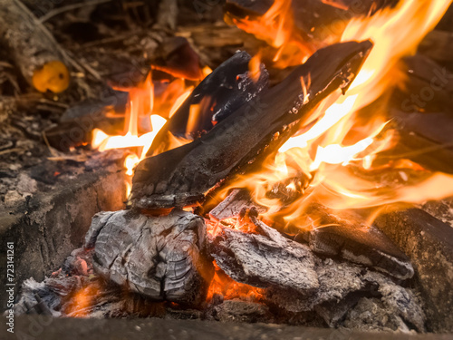 A close up of the a flame wood in bonfire. camp barbecue wood charcoal. wood that burns in the grill. blaze fire flame texture background. Tongues of flame. burning wooden logs and large orange flame