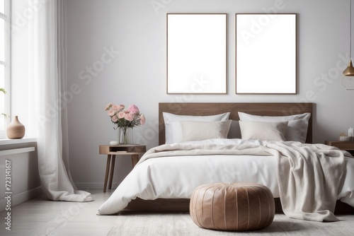 Flowers on wooden stool and pouf in white bedroom interior with posters above bed © Dhiandra