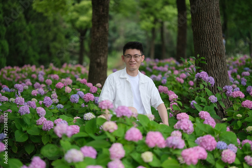 handsome Asian young man in glasses at colorful hydrangea macrophylla flowers, front portrait © Robert
