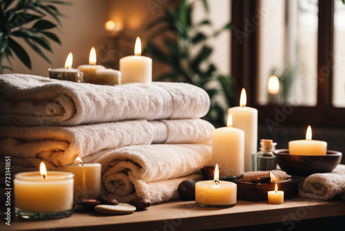 Serene Relaxation Haven. Empty background with a massage table adorned with towels, candles, and aromatherapy oils. Copy space for text. Spa retreat, wellness