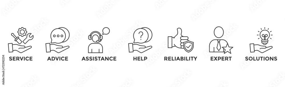 Support banner web icon vector illustration concept with icon of service, advice, assistance, help, reliability, expert, solutions and competence Support banner web icon vector illustration concept with icon of service, advice, assistance, help, reliability, expert, solutions and competence