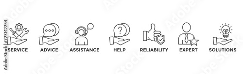 Support banner web icon vector illustration concept with icon of service, advice, assistance, help, reliability, expert, solutions and competence