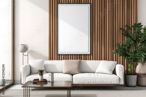 Frame mockup with ISO A paper size, showcasing a living room wall poster mockup against a modern interior design background, presented in a 3D render. © Scandinavy