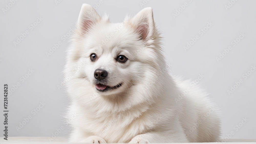 White german spitz dog on grey background White german spitz dog on grey background