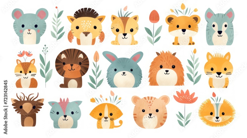 Cartoon style animal pattern illustration with a theme for kindergarten children, lions, cats, horses, foxes and botanical decorations on a white background.