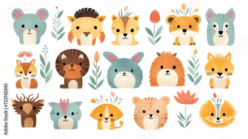 Cartoon style animal pattern illustration with a theme for kindergarten children, lions, cats, horses, foxes and botanical decorations on a white background. © Muamanah