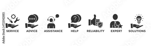 Support banner web icon vector illustration concept with icon of service, advice, assistance, help, reliability, expert, solutions and competence
