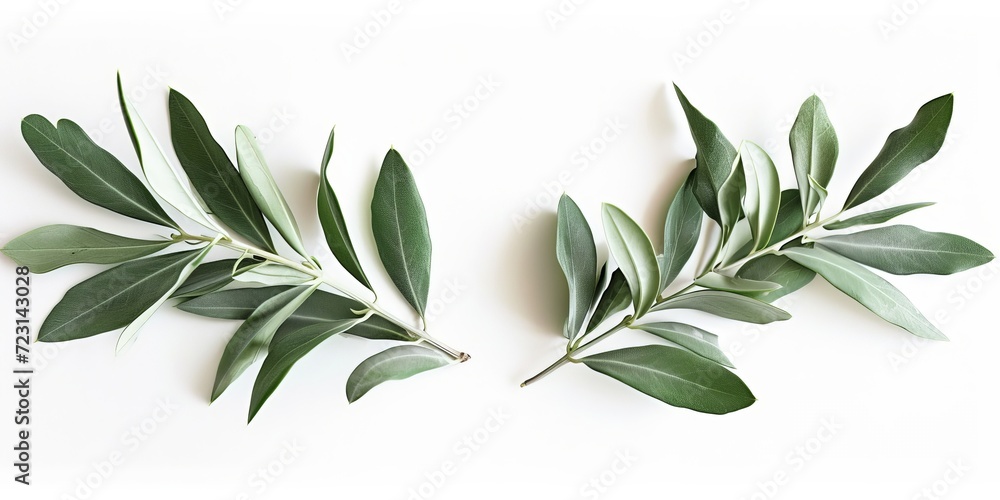 Two fresh olive branches with leaves isolated on white background closeup