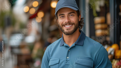 a food delivery person in a friendly pose, offering a takeaway meal and drinks with a smile. 