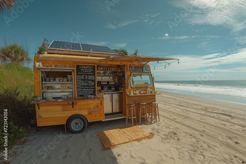Imagine a food truck mock-up parked by a sunny beach, its design reflecting a relaxed coastal vibe. 