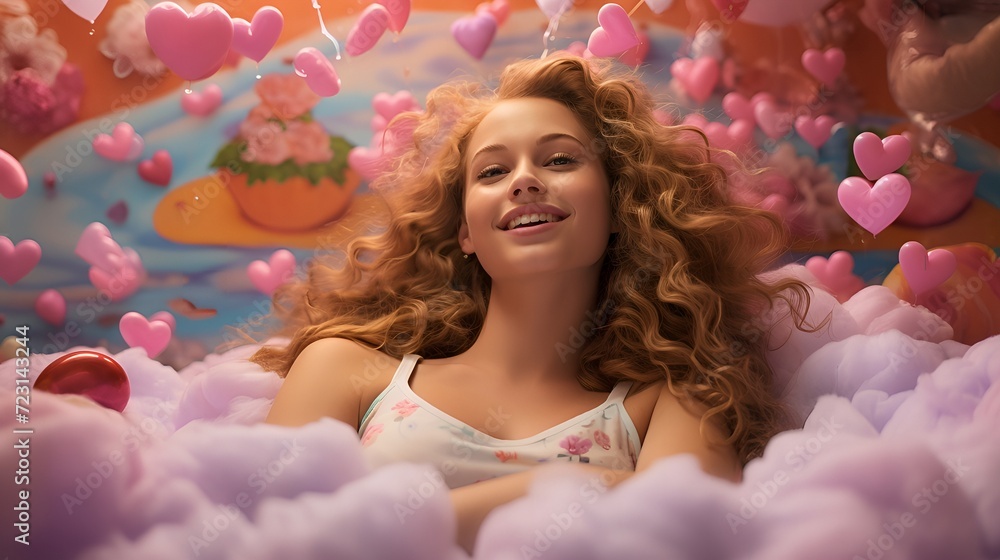 Dreamy Delight: Woman Lying in Clouds with Candy-Colored Sky Dreamy Delight: Woman Lying in Clouds with Candy-Colored Sky
