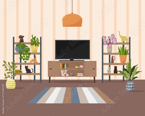 Living room interior with TV. Shelves for plants and personal accessories, figurines and vases. Decorative plants for comfort. TV stand with books. Bright lampshade. Vector flat illustration.