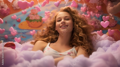 Dreamy Delight: Woman Lying in Clouds with Candy-Colored Sky