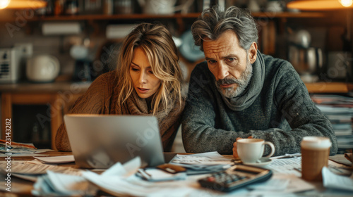 A husband and wife are stressed about expenses while looking at the details in a notebook.