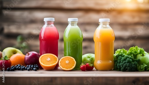 healthy eating, drinks, diet and detox concept - plastic bottles with different fruit or vegetable juices and food on wooden table 