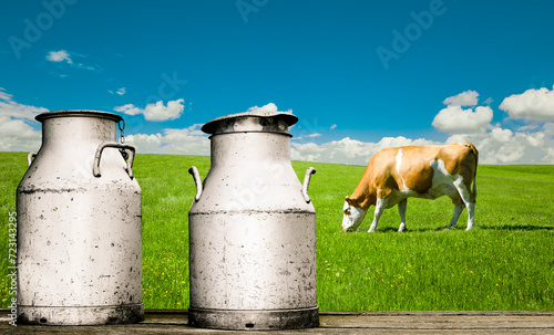 Milchkannen Milchkuh auf einer Grünen Kuhweide